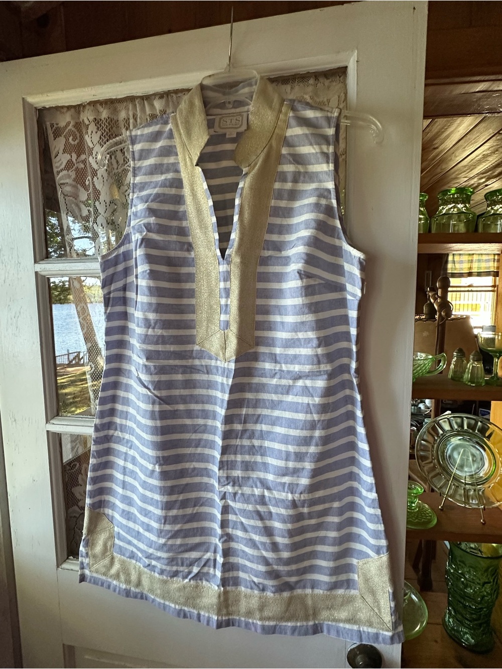 Sail to Sable Blue and White Striped Tunic with Gold Collar